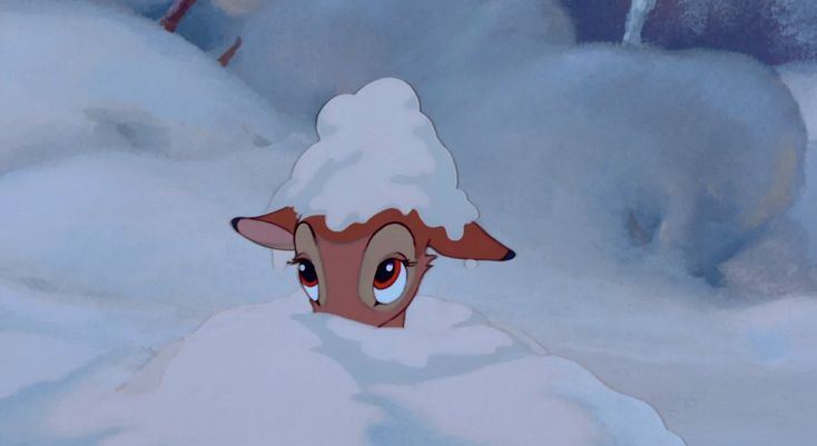 an animated animal with big eyes standing in the snow