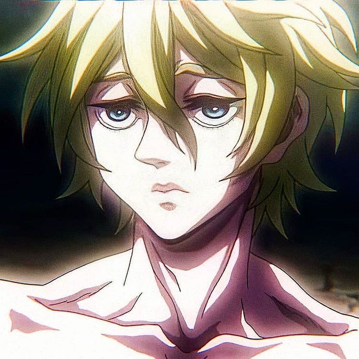 an anime character with blonde hair and blue eyes looking at the camera while staring straight ahead