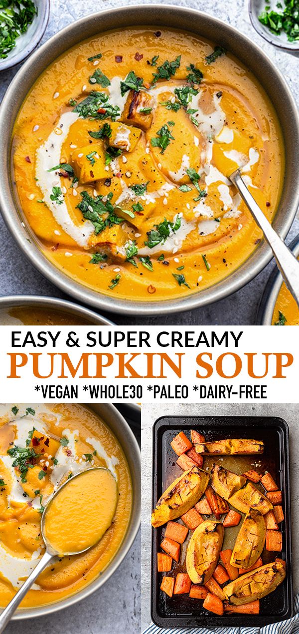 pumpkin soup with sweet potatoes and parsley on the side, in a bowl next to other dishes