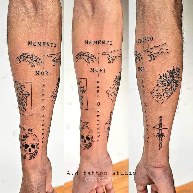 three different tattoos on the legs of people with their hands and feet in front of them