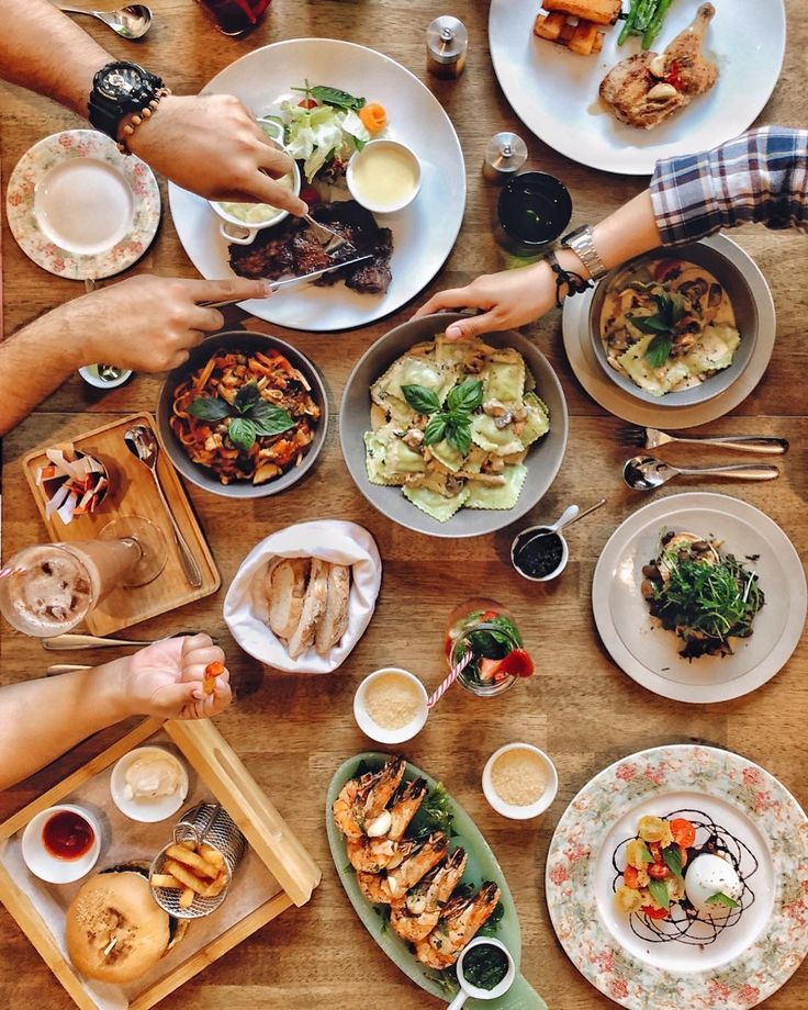 several different pictures of food and drinks on a table with plates, cups, spoons and utensils