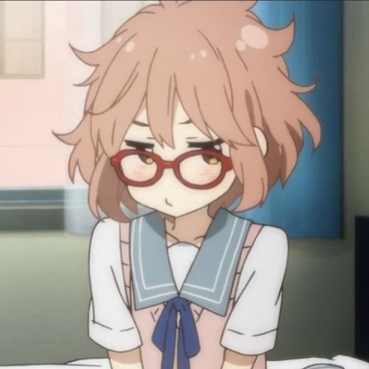 an anime character with glasses and a bow tie sitting in front of a laptop computer