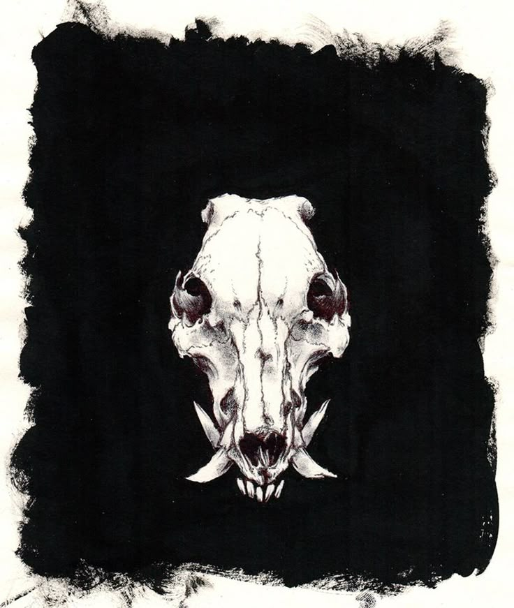 a black and white drawing of a bull's head with horns on it, against a dark background