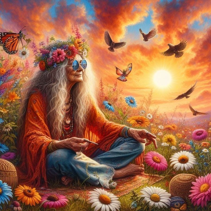 a painting of an old woman sitting on the ground surrounded by wildflowers and birds