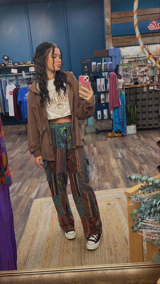 hippie patchwork pants fall outfit boho Boho Fall Winter Outfits, Basic Bohemian Outfits, Hippie Thanksgiving Outfit, Boho Hippie Winter Outfits, Hippie Christmas Outfit, Hippie Mom Outfits, Cold Hippie Outfits, Cold Weather Hippie Outfit, Granola Hippie Outfit