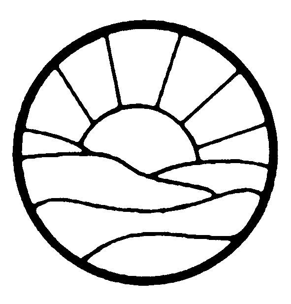 a black and white image of the sun rising over water in a round frame with mountains