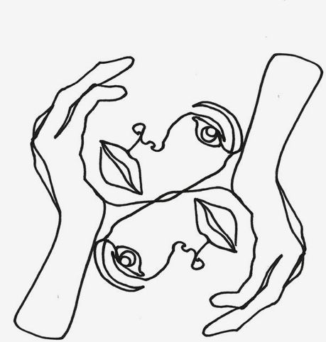 a black and white line drawing of two hands holding a woman's face with leaves on it