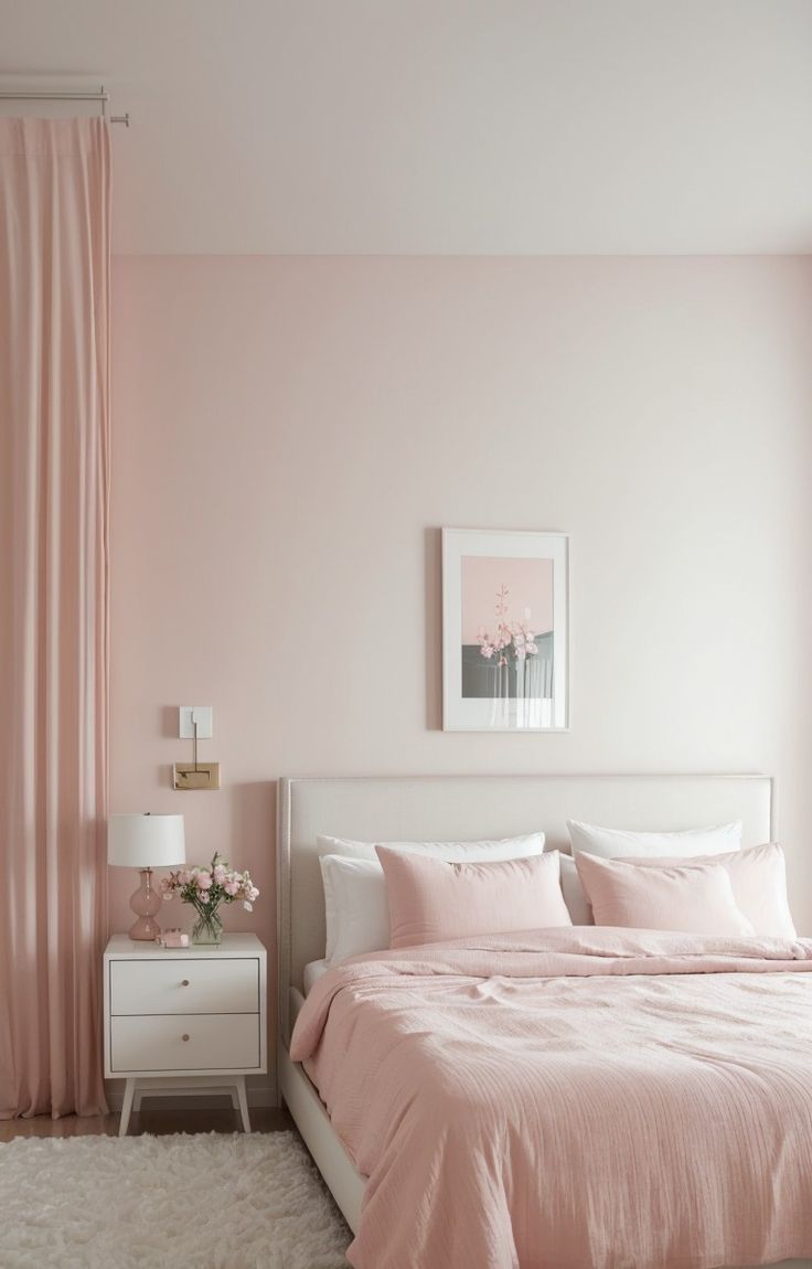 a bedroom with pink walls and white furniture