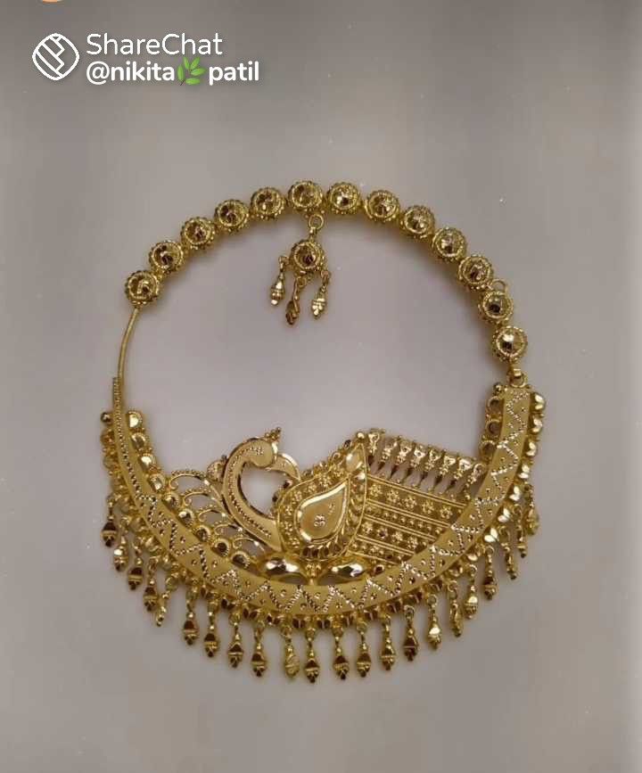 Gold Headpiece Indian, Nathunia Gold Design, Latest Gold Mangtika Designs, Gold Nathni Designs, Garhwali Nath Designs Gold, Kamarbandh Jewellery Silver Bridal, Gold Kamarband Indian Bridal, Nathiya Bridal Gold Design, Nath Gold Design