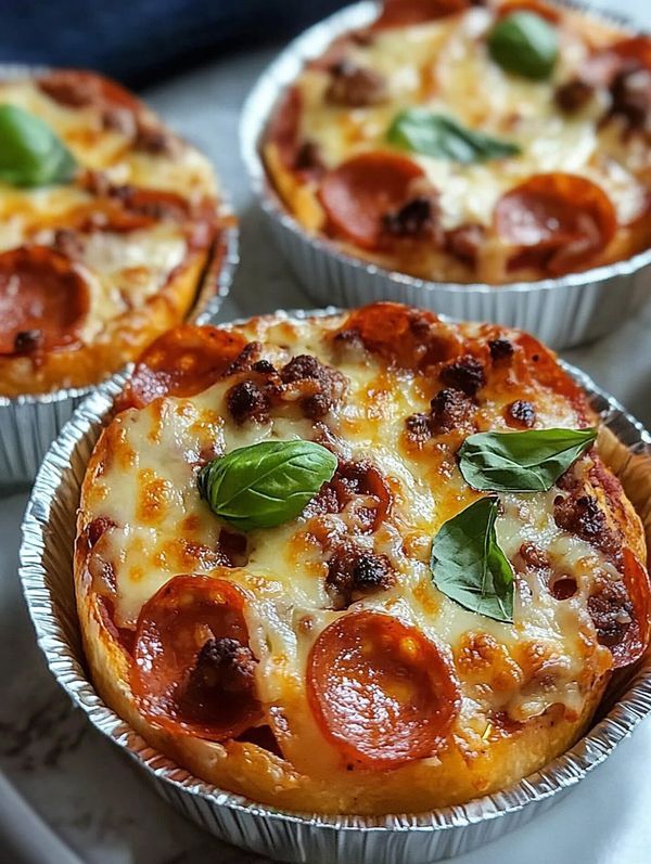 four small pizzas with pepperoni, cheese and basil on top in tin pans