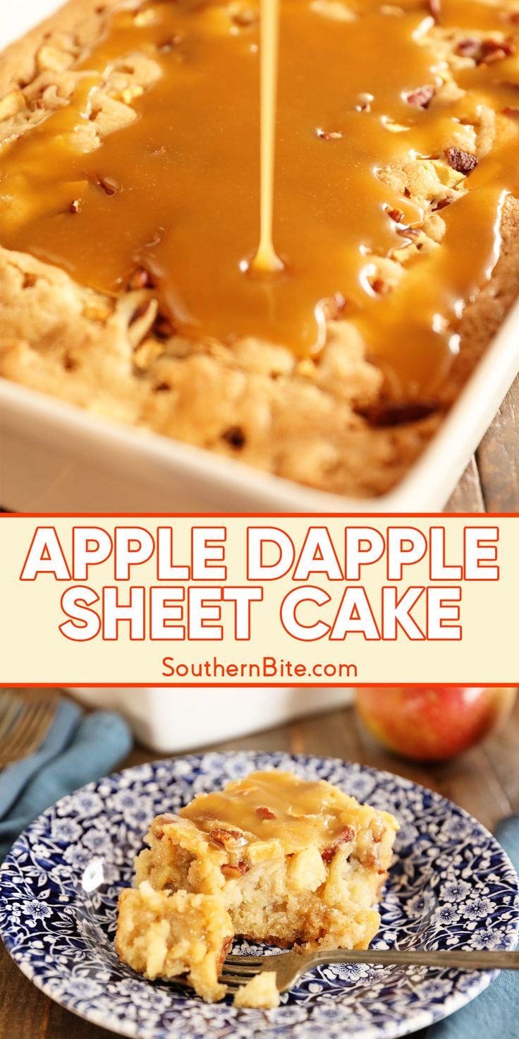 an apple dapple sheet cake with caramel sauce being drizzled over it