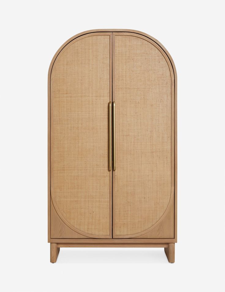 a wooden cabinet with two doors and a gold handle on the front, against a white background