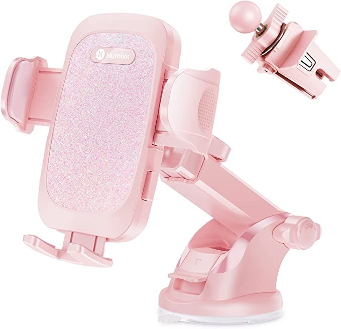 a pink cell phone holder attached to the back of a car mount with a clip on it