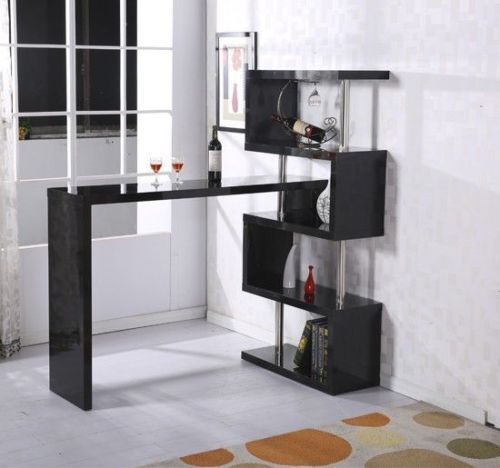 a black shelf with wine glasses and bottles on it next to a white tiled floor