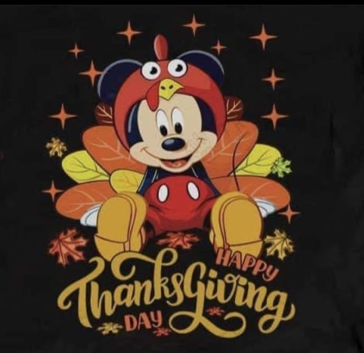 a mickey mouse thanksgiving card with the words happy thanksgiving