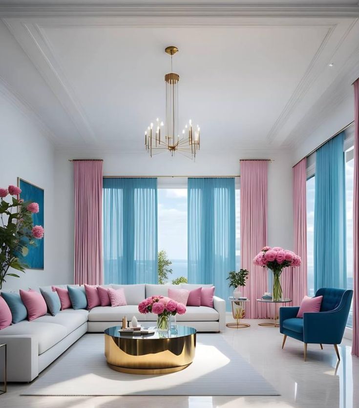 a living room with pink and blue curtains, white couches and a gold coffee table