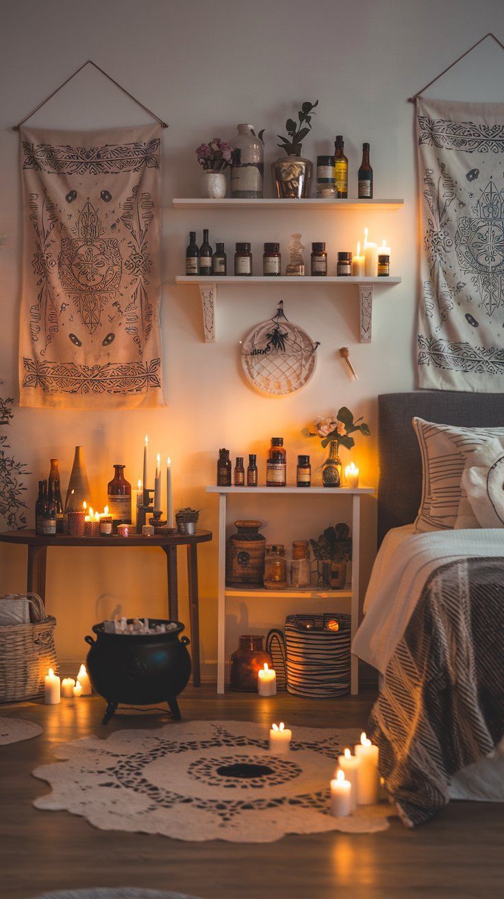 a bedroom with candles lit on the floor