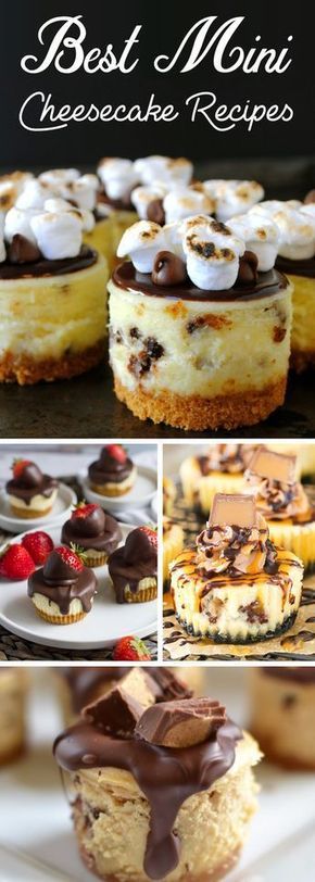 several different desserts with chocolate toppings on top and bottom, including cheesecakes