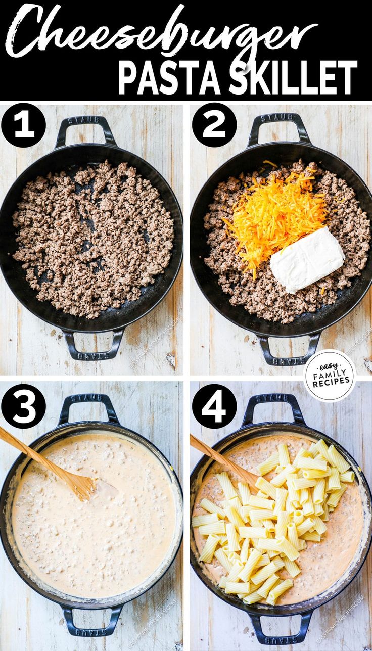 the steps to make cheeseburger pasta skillet