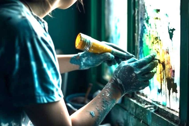 a woman is painting on an easel with yellow paint