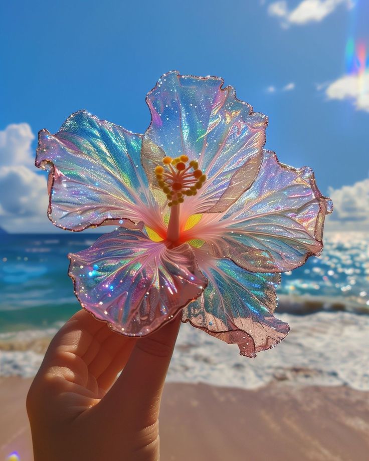 a hand holding up a flower on the beach