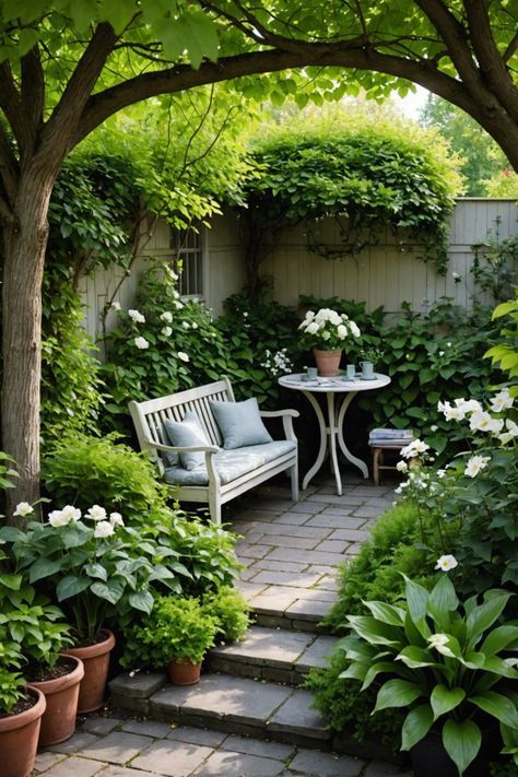 an outdoor patio with potted plants and white flowers on the table, surrounded by greenery