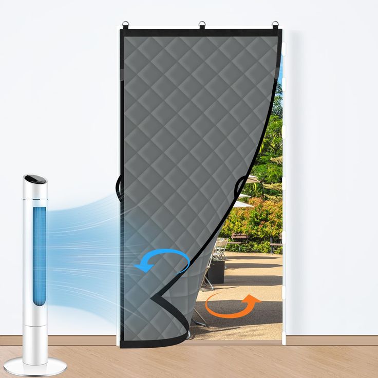 an open door with the image of a surfboard on it's side next to a blue and white pole