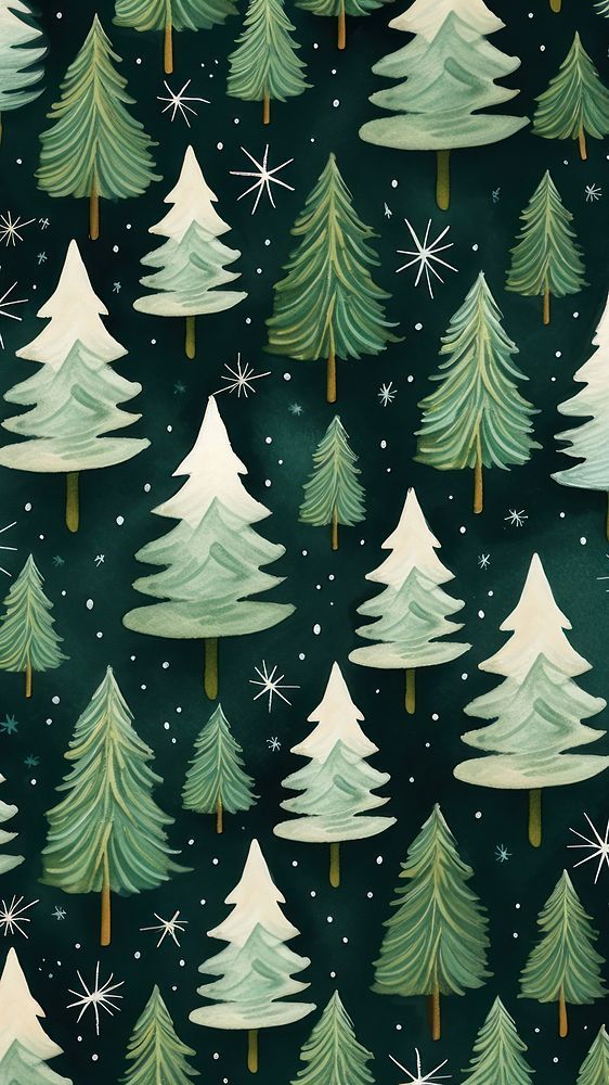 green christmas trees with snowflakes and stars in the sky on a black background