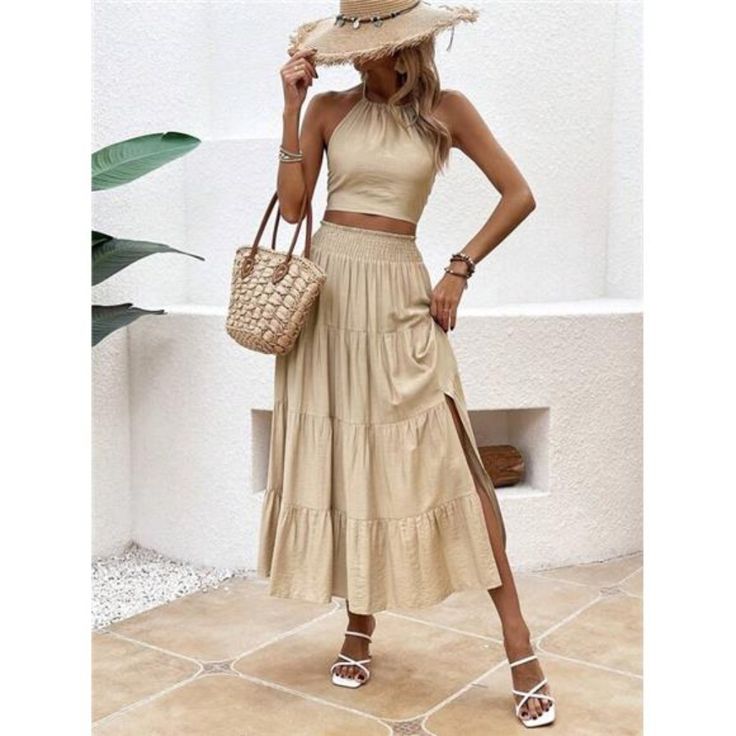 -Item Id 31255583.Html?Mallcode=1&Zeedropid=1660164 -Color: Khaki -Style: Boho, Casual -Pattern Type: Plain -Tops Sleeve Length: Sleeveless -Details: Ruffle Hem, Split Thigh, Shirred -Neckline: Halter -Tops Length: Regular -Skirts Length: Long -Top Type: Camisole -Bottom Type: Skirt -Tops & Skirts Material: Woven Fabric -Tops & Skirts Composition: 100% Polyester -Fit Type: Regular Fit -Fabric: Non-Stretch -Care Instructions: Machine Wash, Do Not Dry Clean -Sheer: No **Open To Offers!!!** **Bundl Tropical Print Skirt, Halter Top And Skirt, Skirt Tops, Cropped Halter Top, Western Skirts, Backless Cami Top, Twist Front Crop Top, Khaki Style, Asymmetrical Hem Top