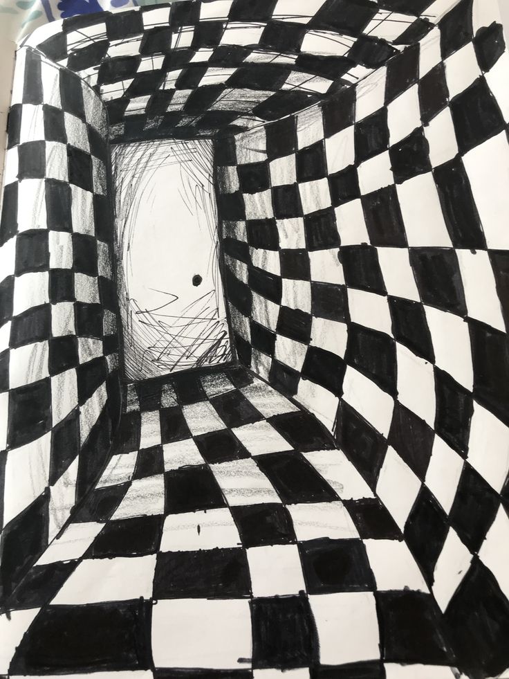 a drawing of a black and white checkered tunnel