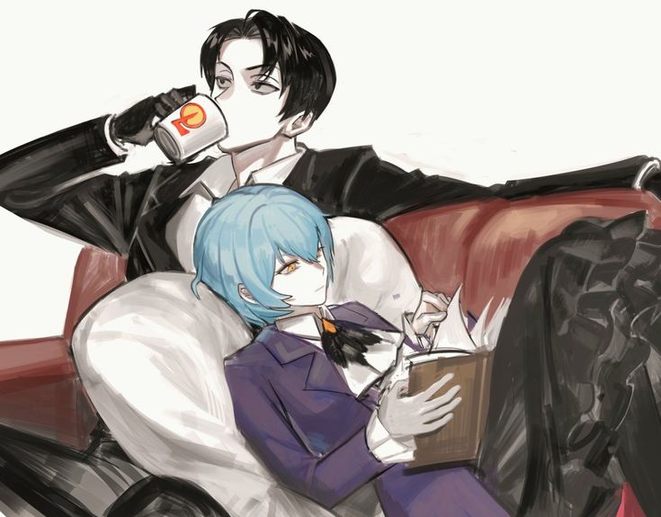 two anime characters are sitting on a couch drinking coffee and reading the same book together