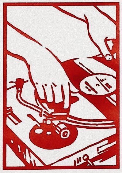 a red and white drawing of a person using a record player with their hand on the turntable