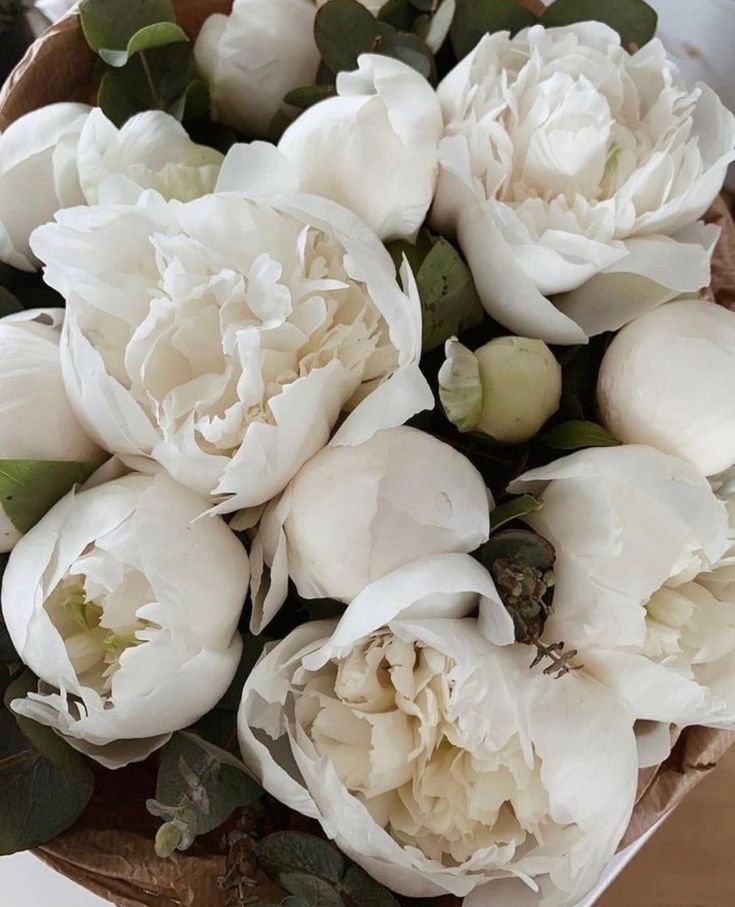 a bouquet of white peonies in a basket