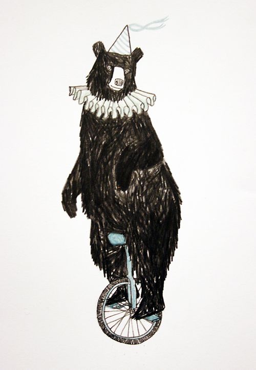 a drawing of a bear riding a bike with a hat on it's head