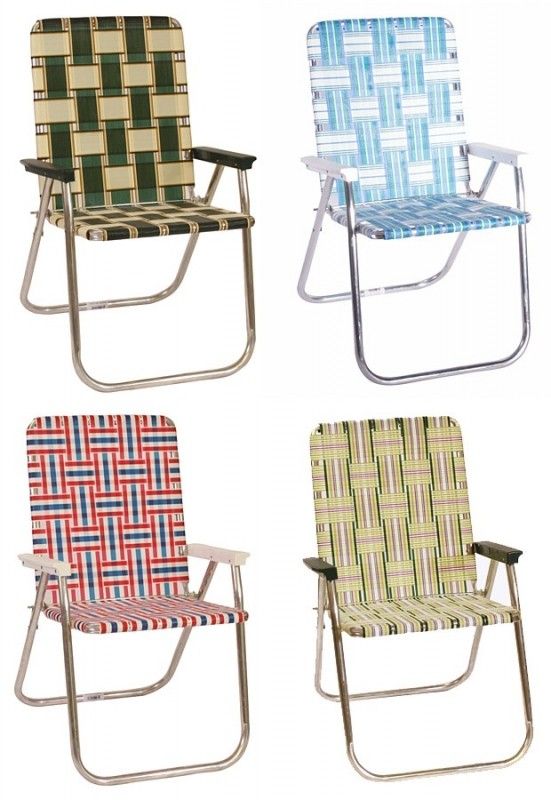 four folding chairs with different patterns on the back and sides, all in various colors