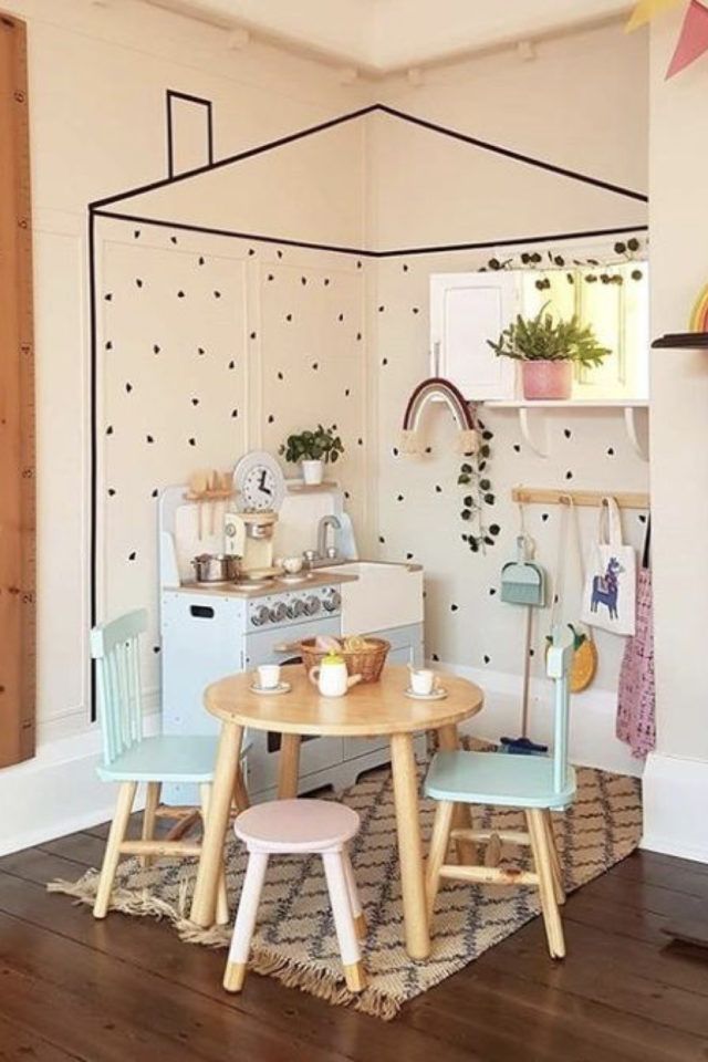 two children's chairs sitting at a table in a room with polka dot walls