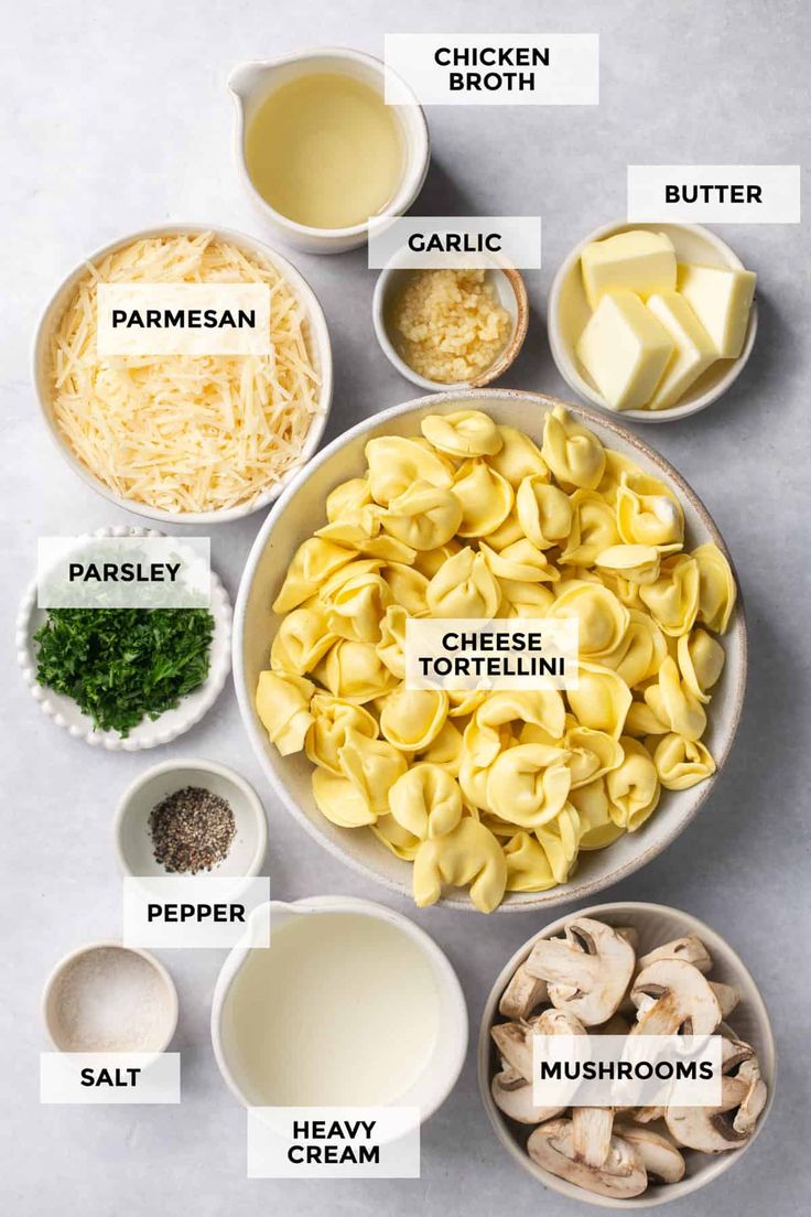 the ingredients for this pasta dish are shown in bowls