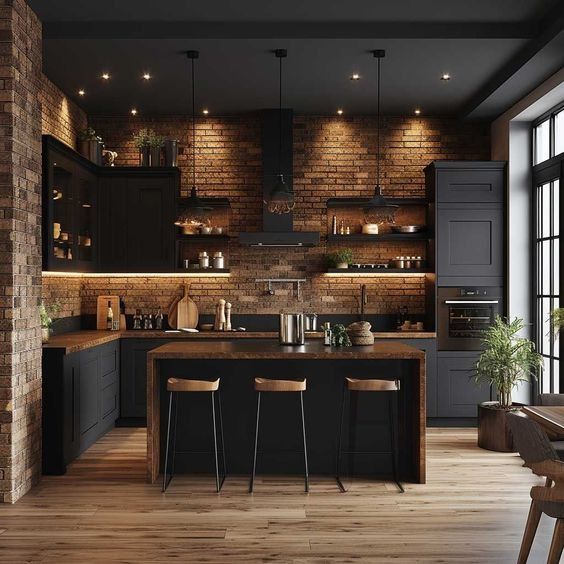 an open kitchen with brick walls and wooden flooring is pictured in this image, there are bar stools at the center of the island