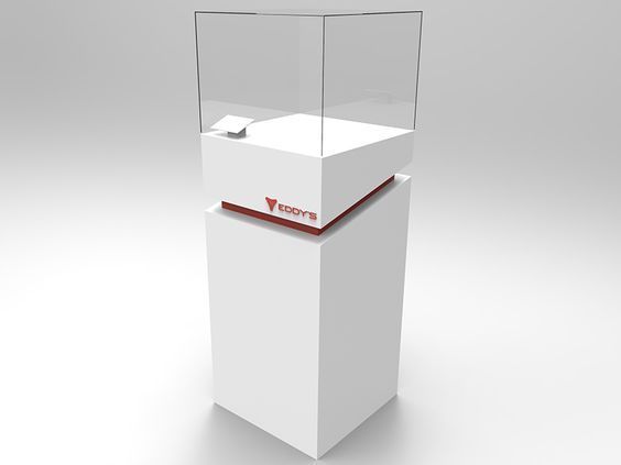 an empty white box with a red stripe on the lid and bottom, sitting in front of a gray background