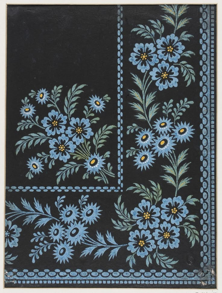 a blue and yellow floral design on a black background with white border around the edges