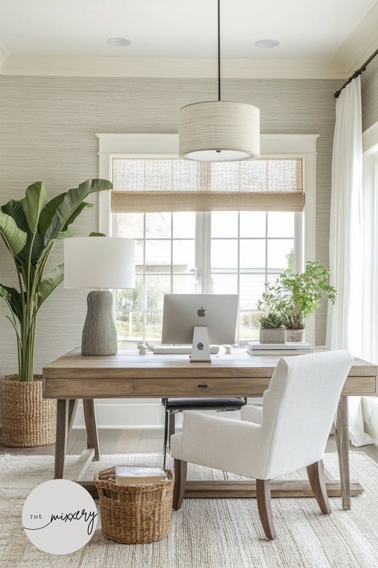 a home office with white chairs and a wooden desk