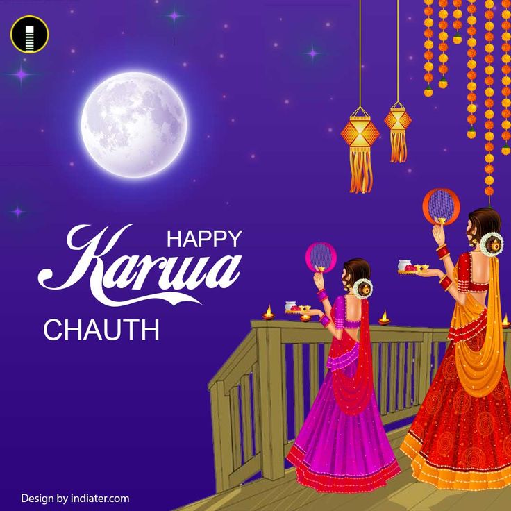 happy karwa chauthi with two women in colorful dresses on the balcony