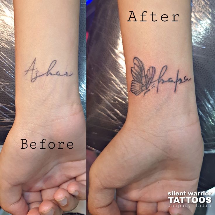 before and after photos of tattoos on both arms, the same person is holding their hand