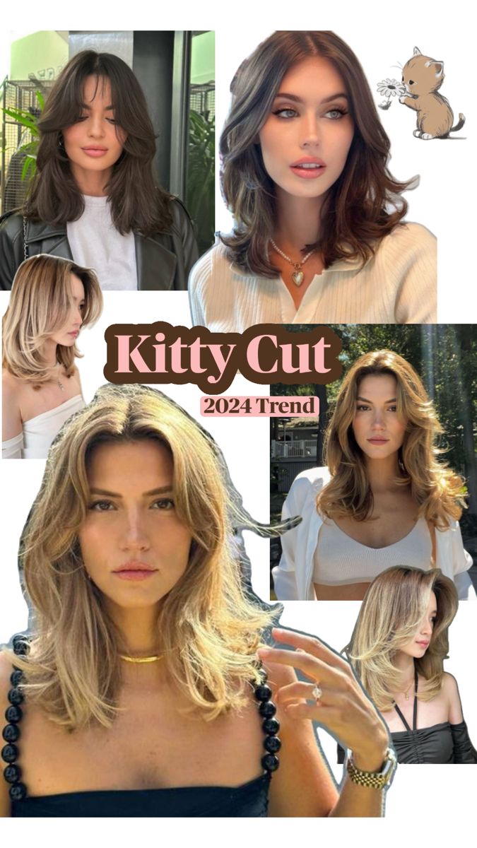 Hair cut haircut cute hair 2024 hair trends Hair Cuts Ideas For Summer, Collarbone Layered Hair, Hair Cuts Trends 2024, Kitty Cut Hair Trend 2024, Kitty Cut Haircut, The Kitty Cut Hairstyle, Long Face Haircuts Medium, Long Layered Haircut With Curtain Bangs, The Kitty Cut