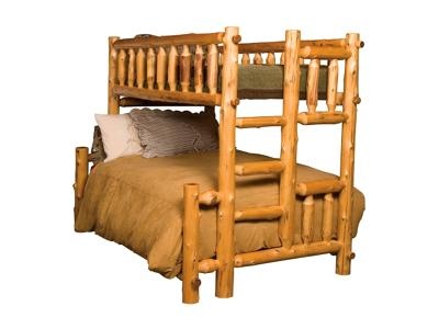 a wooden bunk bed with two ladders on the top and bottom, made from logs