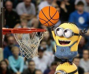 a minion playing basketball in front of a crowd