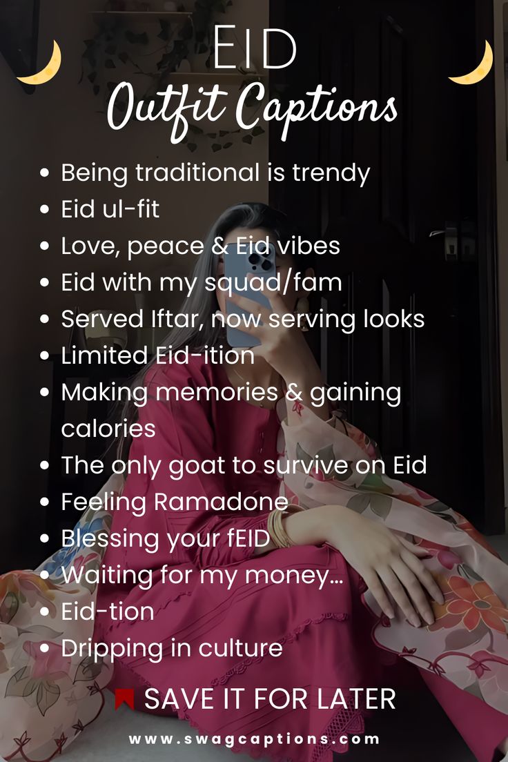 a woman sitting on top of a bed next to a window with the caption saying, eid outfits captions being traditional is trendy