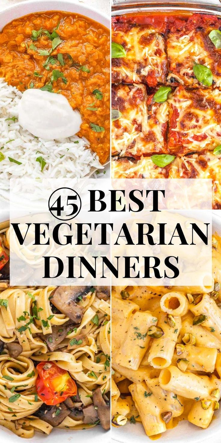 four different types of vegetarian dinner dishes with the title overlaying it in black and white