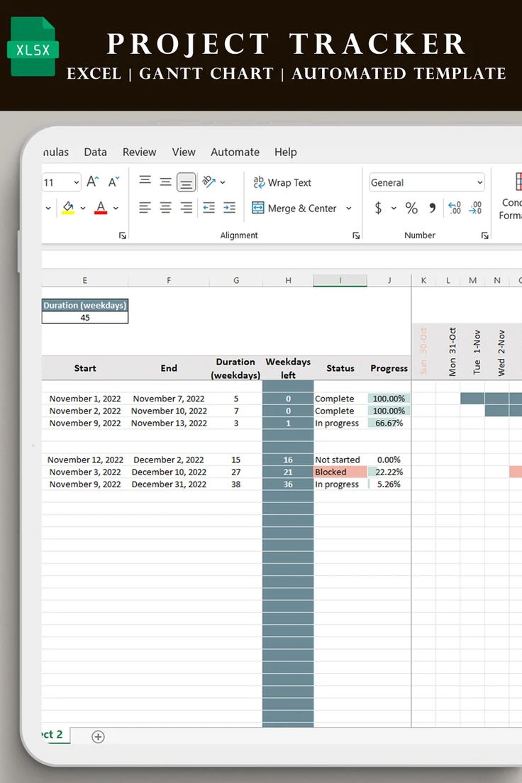 an excel gant chart with the project tracker displayed on it, and text that reads project tracker excel gant chart automated template