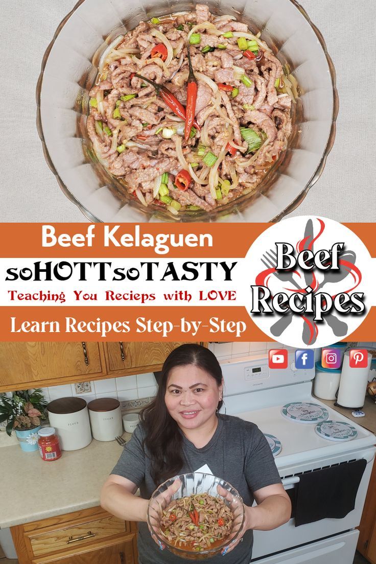 a woman holding a bowl of food in front of her face with the words beef kelaguen shottassy on it